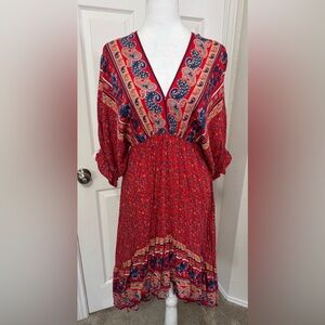 Umgee Red Boho Peasant High Low Back Tie Midi Dress Women's Size S